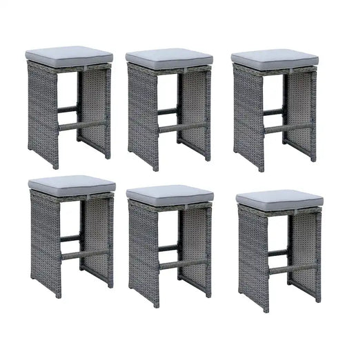 6 Piece Patio Bar Stool In Aluminum Wicker Frame And Padded Fabric Seat, Gray