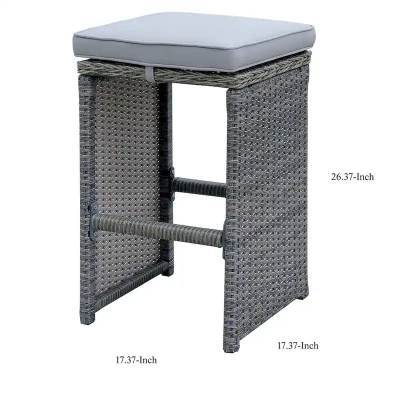 6 Piece Patio Bar Stool In Aluminum Wicker Frame And Padded Fabric Seat, Gray