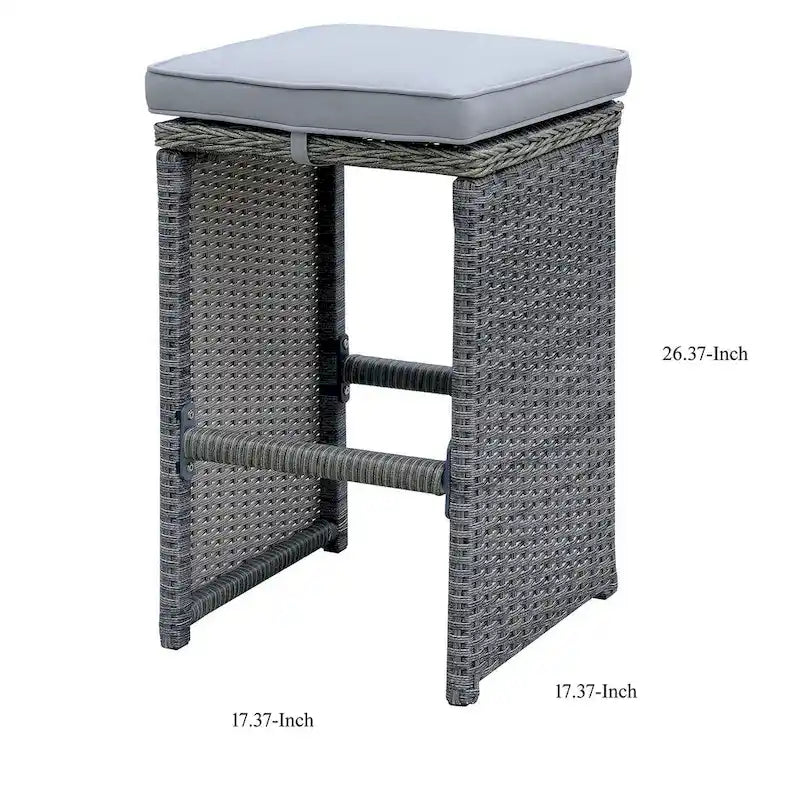6 Piece Patio Bar Stool In Aluminum Wicker Frame And Padded Fabric Seat, Gray