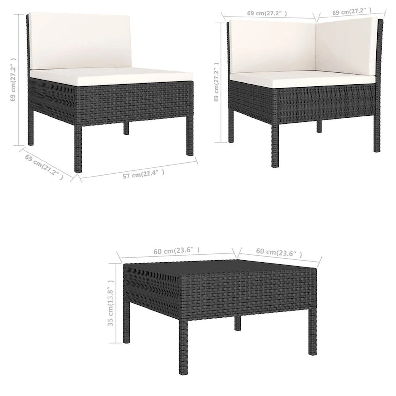 Doja 3pc Outdoor Loveseat and Coffee Table Set, Black Rattan, White