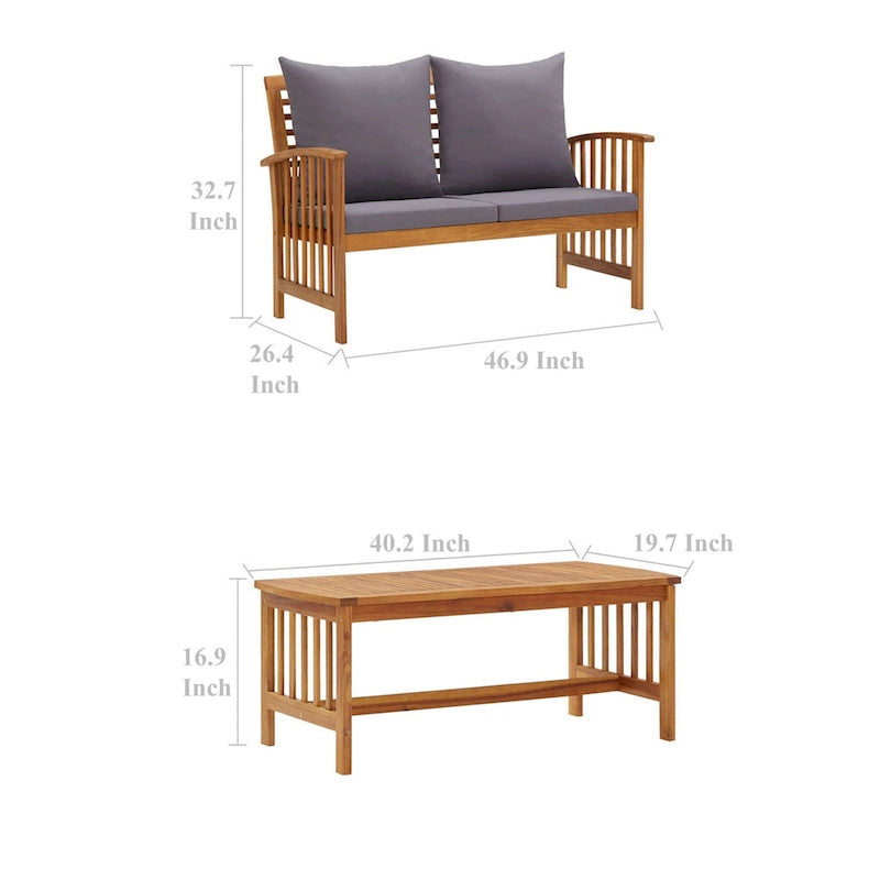 Mia 3pc Outdoor Loveseat Bench and Coffee Table Set, Gray, Acacia Wood