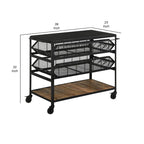 39 Inch Storage Cart, Lockable Caster Wheels, Wood Grain Details, Black