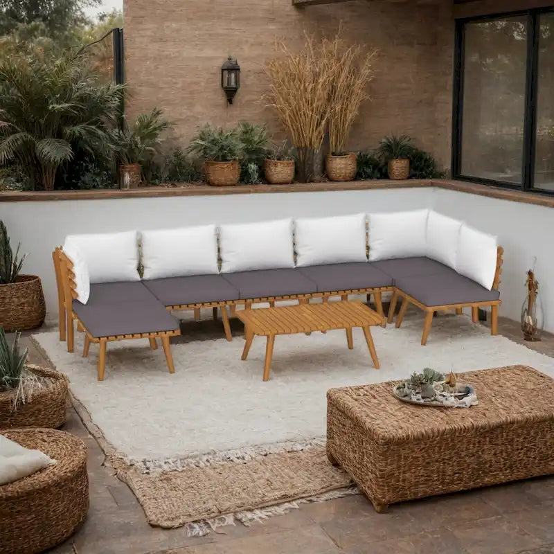 Roma 8pc Modular Outdoor Sofa and Table Set, Solid Acacia Wood, Gray