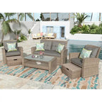 4 Pcs Patio Furniture Set, All Weather Outdoor Conversation Set, Wicker Sectional Sofa with Ottoman and Cushions