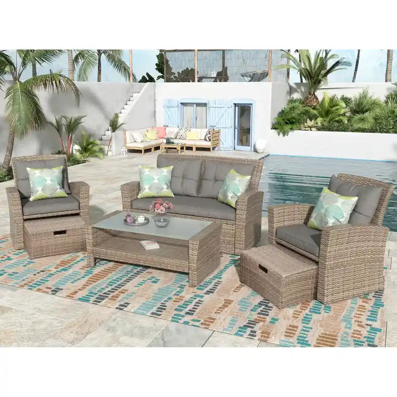 4 Pcs Patio Furniture Set, All Weather Outdoor Conversation Set, Wicker Sectional Sofa with Ottoman and Cushions