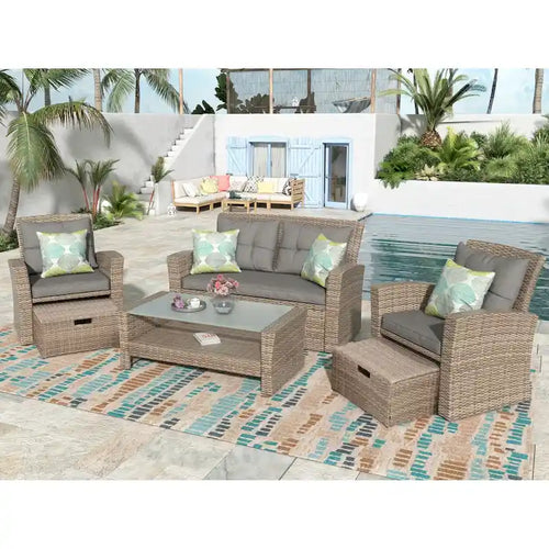 4 Pcs Patio Furniture Set, All Weather Outdoor Conversation Set, Wicker Sectional Sofa with Ottoman and Cushions