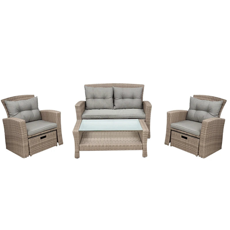 4 Pcs Patio Furniture Set, All Weather Outdoor Conversation Set, Wicker Sectional Sofa with Ottoman and Cushions