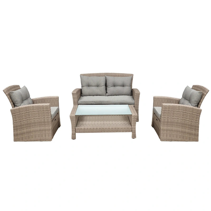 4 Pcs Patio Furniture Set, All Weather Outdoor Conversation Set, Wicker Sectional Sofa with Ottoman and Cushions