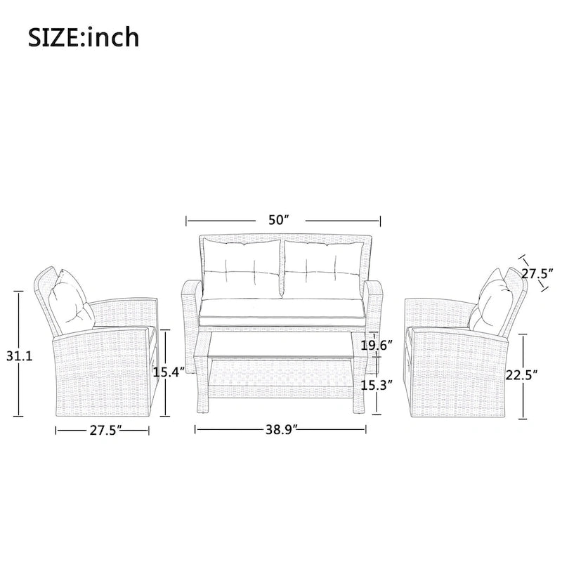 4 Pcs Patio Furniture Set, All Weather Outdoor Conversation Set, Wicker Sectional Sofa with Ottoman and Cushions