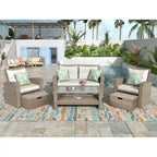4 Pcs Patio Furniture Set, All Weather Outdoor Conversation Set, Wicker Sectional Sofa with Ottoman and Cushions