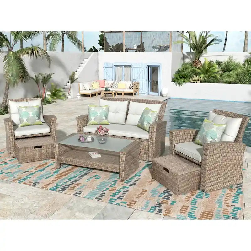 4 Pcs Patio Furniture Set, All Weather Outdoor Conversation Set, Wicker Sectional Sofa with Ottoman and Cushions