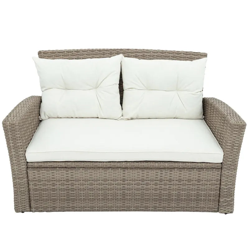 4 Pcs Patio Furniture Set, All Weather Outdoor Conversation Set, Wicker Sectional Sofa with Ottoman and Cushions
