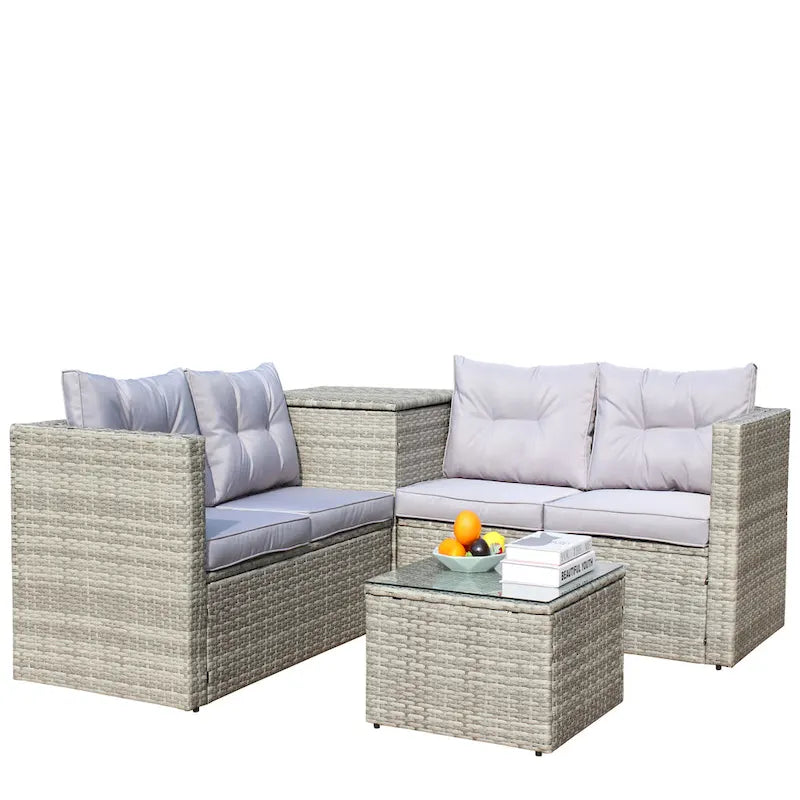 4 Pcs Patio Furniture Set, All Weather Outdoor Conversation Set, Wicker Rattan Sectional Sofa Set with Storage Box and Table