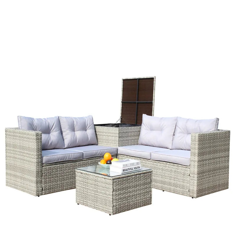 4 Pcs Patio Furniture Set, All Weather Outdoor Conversation Set, Wicker Rattan Sectional Sofa Set with Storage Box and Table