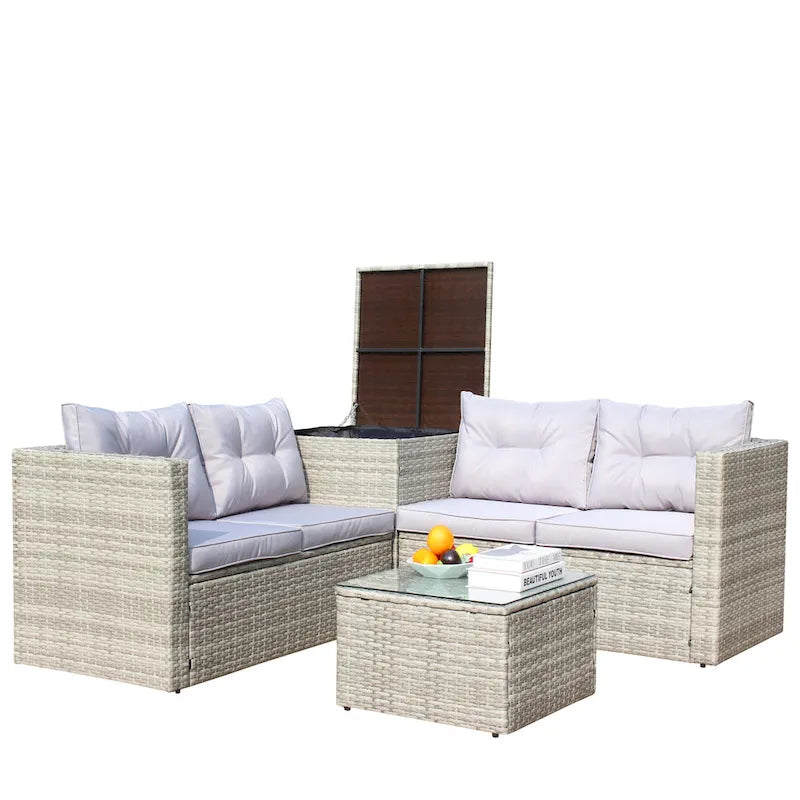 4 Pcs Patio Furniture Set, All Weather Outdoor Conversation Set, Wicker Rattan Sectional Sofa Set with Storage Box and Table