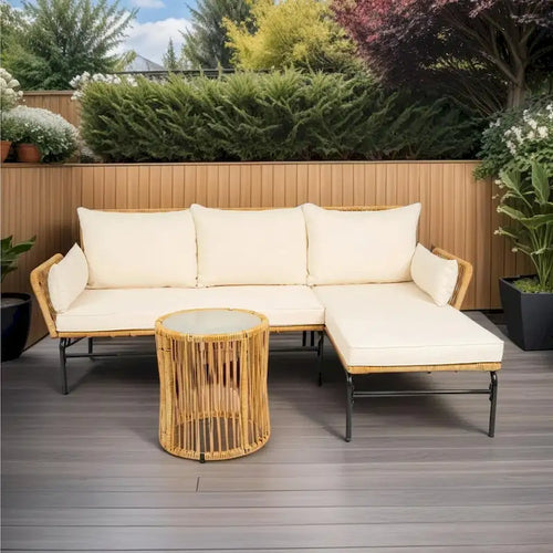 3 Piece Patio Sectional L-Shaped Sofa Set, Outdoor Wicker Conversation Furniture Set with Thick Cushion and Coffee Table