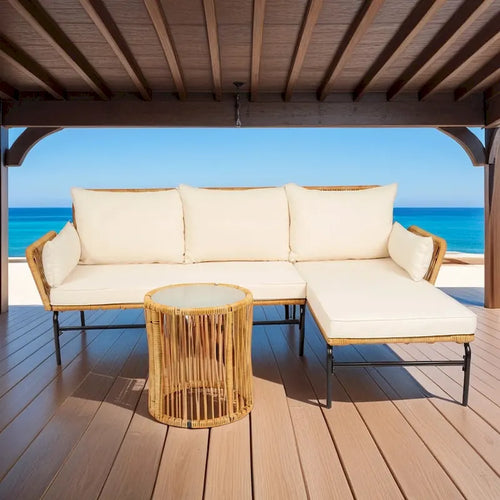 3 Piece Patio Sectional L-Shaped Sofa Set, Outdoor Wicker Conversation Furniture Set with Thick Cushion and Coffee Table