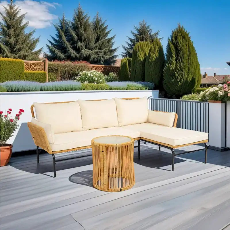 3 Piece Patio Sectional L-Shaped Sofa Set, Outdoor Wicker Conversation Furniture Set with Thick Cushion and Coffee Table