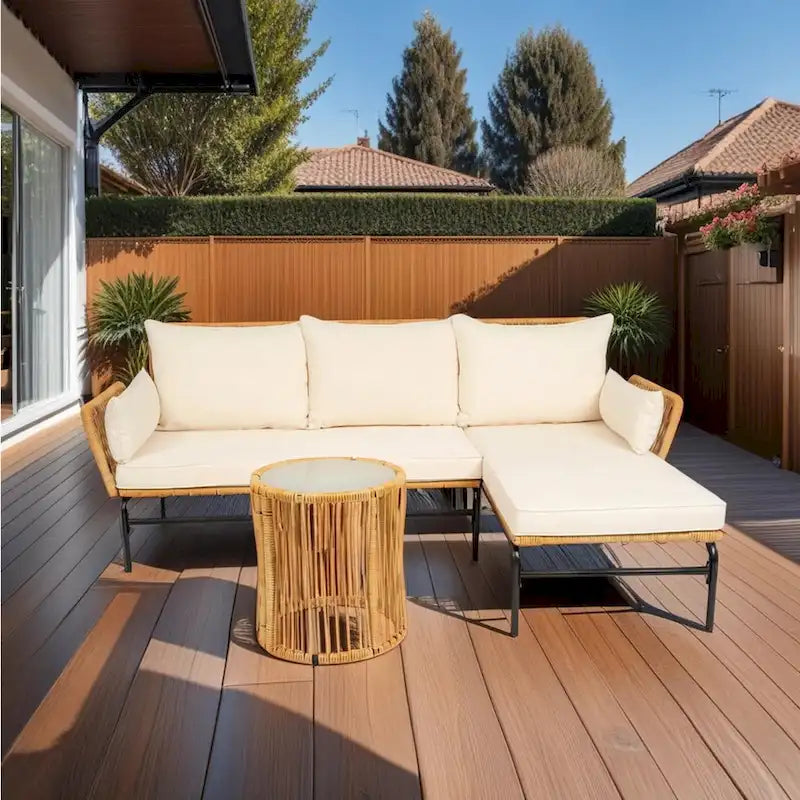 3 Piece Patio Sectional L-Shaped Sofa Set, Outdoor Wicker Conversation Furniture Set with Thick Cushion and Coffee Table