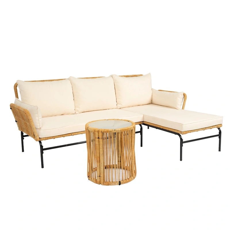 3 Piece Patio Sectional L-Shaped Sofa Set, Outdoor Wicker Conversation Furniture Set with Thick Cushion and Coffee Table