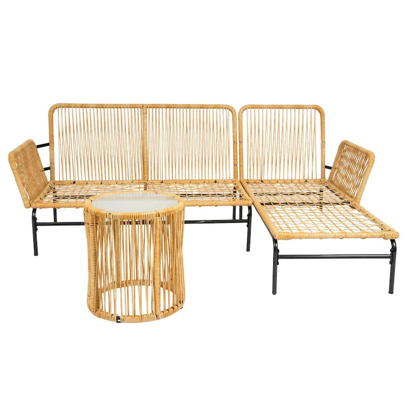 3 Piece Patio Sectional L-Shaped Sofa Set, Outdoor Wicker Conversation Furniture Set with Thick Cushion and Coffee Table