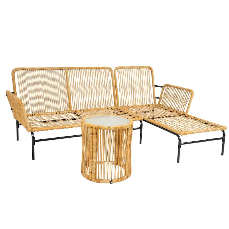 3 Piece Patio Sectional L-Shaped Sofa Set, Outdoor Wicker Conversation Furniture Set with Thick Cushion and Coffee Table