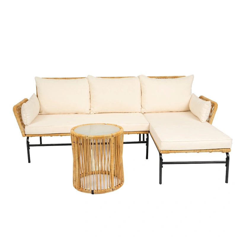 3 Piece Patio Sectional L-Shaped Sofa Set, Outdoor Wicker Conversation Furniture Set with Thick Cushion and Coffee Table