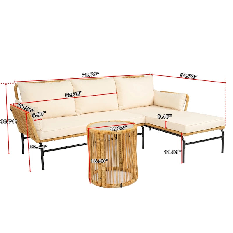3 Piece Patio Sectional L-Shaped Sofa Set, Outdoor Wicker Conversation Furniture Set with Thick Cushion and Coffee Table