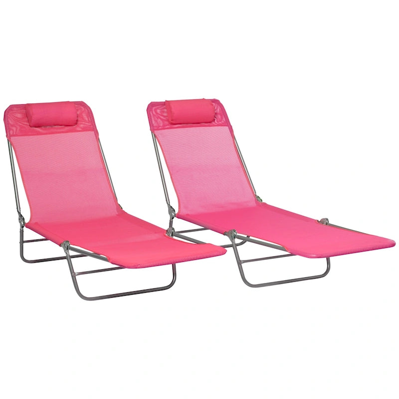 Outsunny 2 Piece Folding Chaise Lounge Chairs with 6-Position Reclining Back, Mesh Seat, Headrest for Beach, Yard, Patio