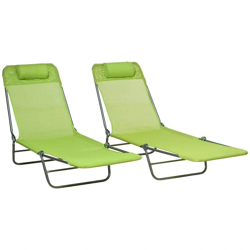 Outsunny 2 Piece Folding Chaise Lounge Chairs with 6-Position Reclining Back, Mesh Seat, Headrest for Beach, Yard, Patio