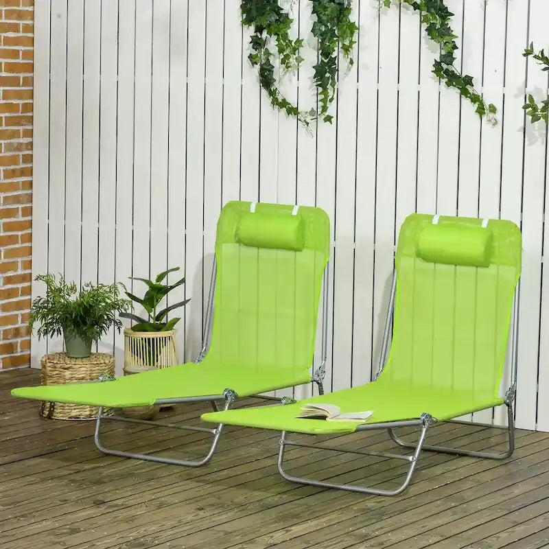 Outsunny 2 Piece Folding Chaise Lounge Chairs with 6-Position Reclining Back, Mesh Seat, Headrest for Beach, Yard, Patio