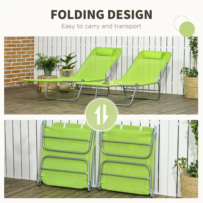 Outsunny 2 Piece Folding Chaise Lounge Chairs with 6-Position Reclining Back, Mesh Seat, Headrest for Beach, Yard, Patio