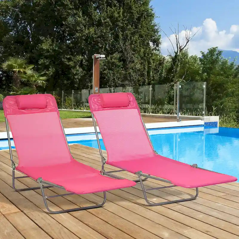Outsunny 2 Piece Folding Chaise Lounge Chairs with 6-Position Reclining Back, Mesh Seat, Headrest for Beach, Yard, Patio