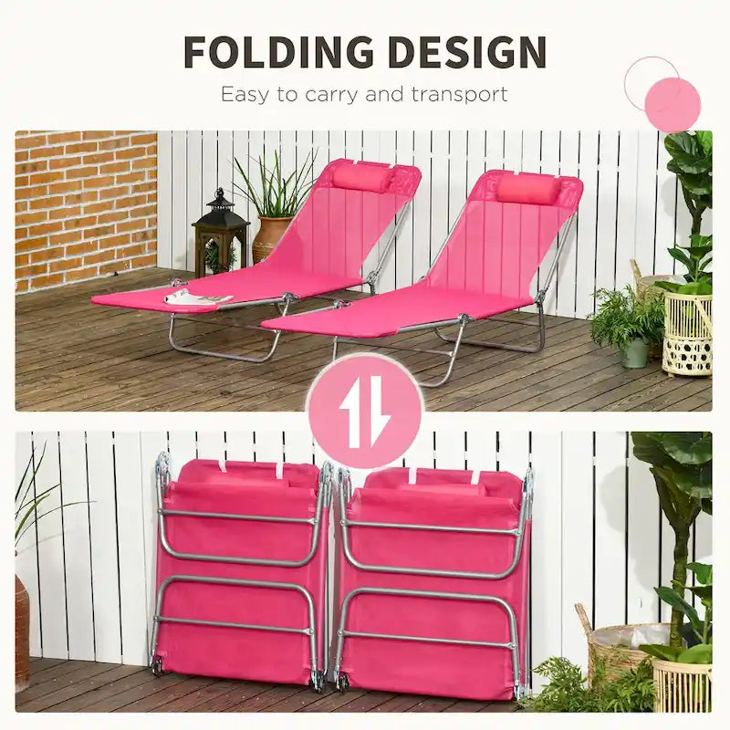 Outsunny 2 Piece Folding Chaise Lounge Chairs with 6-Position Reclining Back, Mesh Seat, Headrest for Beach, Yard, Patio