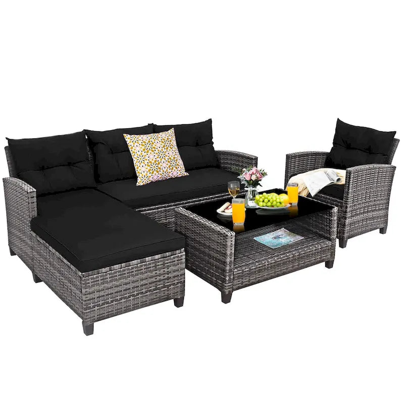 Gymax Set of 4 Rattan Furniture Set Sofa Ottoman Cushion Garden Deck