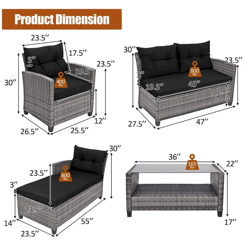 Gymax Set of 4 Rattan Furniture Set Sofa Ottoman Cushion Garden Deck