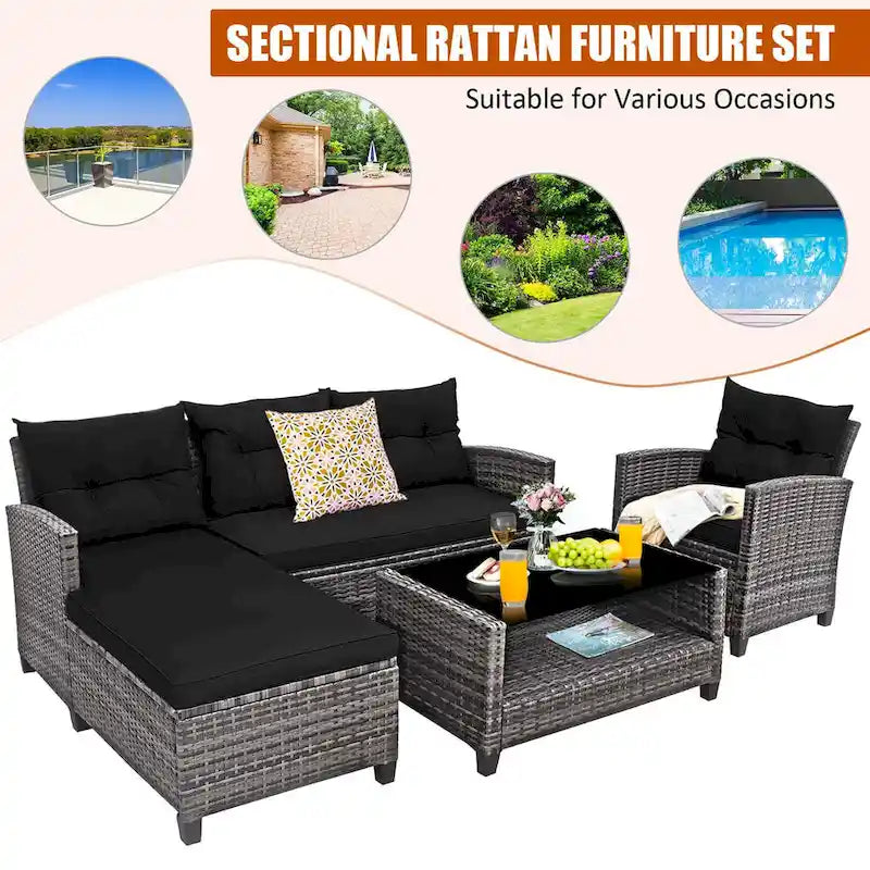 Gymax Set of 4 Rattan Furniture Set Sofa Ottoman Cushion Garden Deck