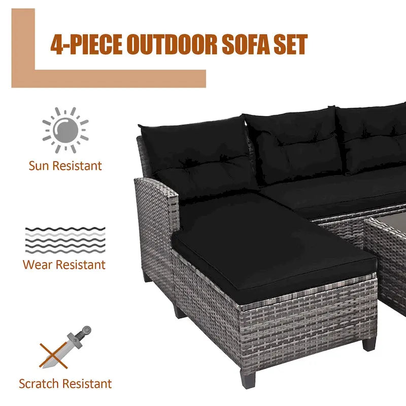 Gymax Set of 4 Rattan Furniture Set Sofa Ottoman Cushion Garden Deck