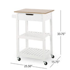 Contemporary Multifunctional Kitchen Cart with Rubberwood Top, Open Slat Shelving, Rolling Casters, Drawer and Towel Holder