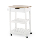 Contemporary Multifunctional Kitchen Cart with Rubberwood Top, Open Slat Shelving, Rolling Casters, Drawer and Towel Holder