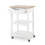 Contemporary Multifunctional Kitchen Cart with Rubberwood Top, Open Slat Shelving, Rolling Casters, Drawer and Towel Holder