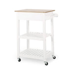 Contemporary Multifunctional Kitchen Cart with Rubberwood Top, Open Slat Shelving, Rolling Casters, Drawer and Towel Holder