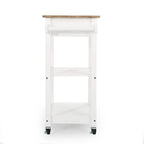 Contemporary Multifunctional Kitchen Cart with Rubberwood Top, Open Slat Shelving, Rolling Casters, Drawer and Towel Holder