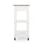 Contemporary Multifunctional Kitchen Cart with Rubberwood Top, Open Slat Shelving, Rolling Casters, Drawer and Towel Holder