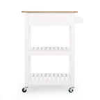 Contemporary Multifunctional Kitchen Cart with Rubberwood Top, Open Slat Shelving, Rolling Casters, Drawer and Towel Holder