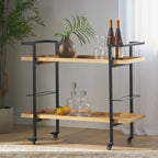 Rolling Bar Cart with Wood Look Shelving, Handle & Lockable Casters - Industrial Style Mobile Serving Cart with Wine Storage