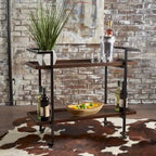 Rolling Bar Cart with Wood Look Shelving, Handle & Lockable Casters - Industrial Style Mobile Serving Cart with Wine Storage