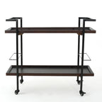 Rolling Bar Cart with Wood Look Shelving, Handle & Lockable Casters - Industrial Style Mobile Serving Cart with Wine Storage