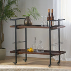 Rolling Bar Cart with Wood Look Shelving, Handle & Lockable Casters - Industrial Style Mobile Serving Cart with Wine Storage