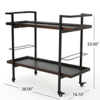 Rolling Bar Cart with Wood Look Shelving, Handle & Lockable Casters - Industrial Style Mobile Serving Cart with Wine Storage
